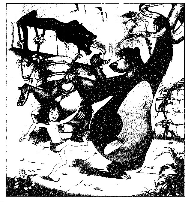 Black and white scene from the cartoon feature The Jungle Book, showing Mowgli, Baloo and Kai dancing.